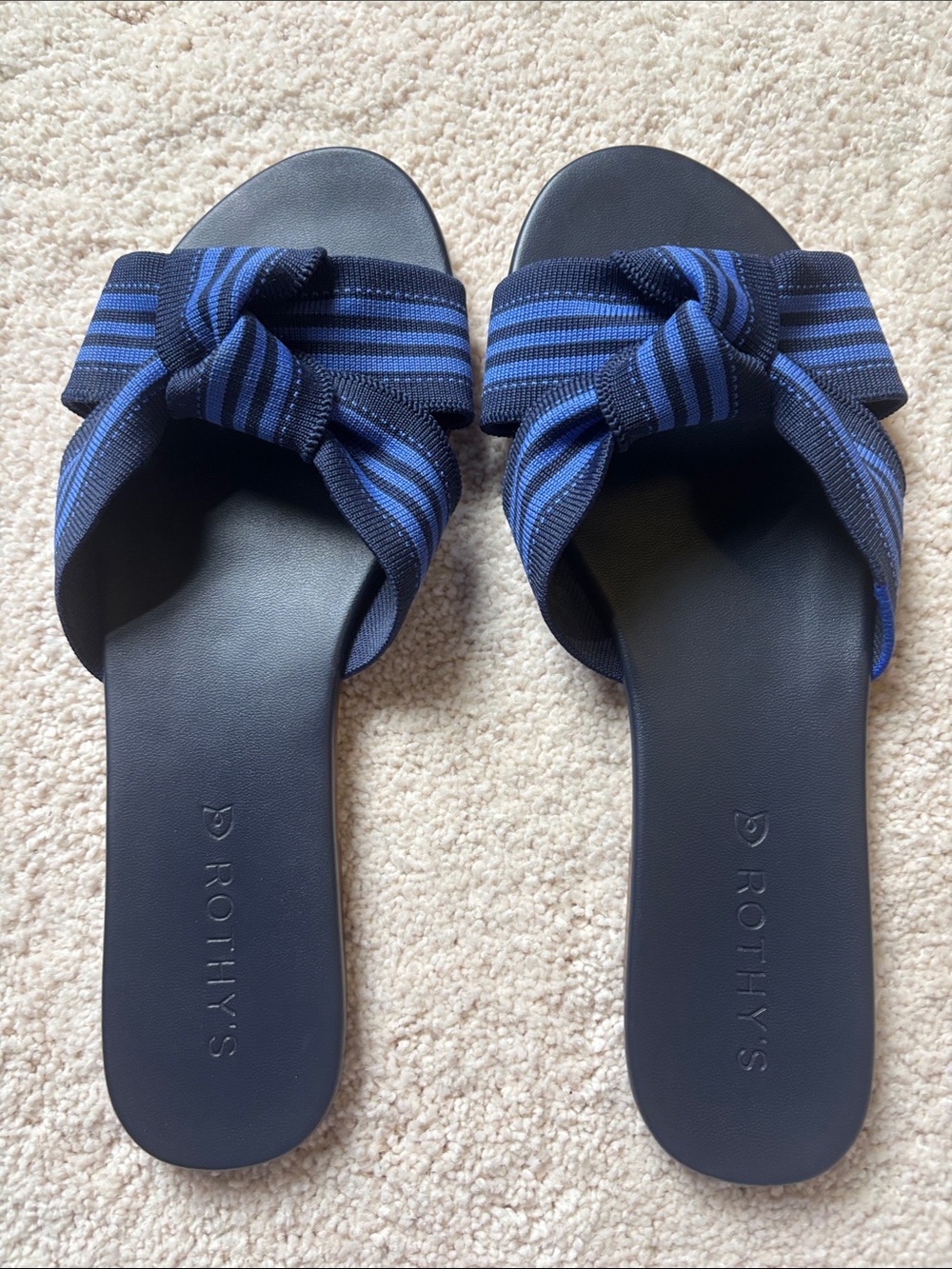 Rothy's Navy and Royal Blue Striped Knot Slide Sandals